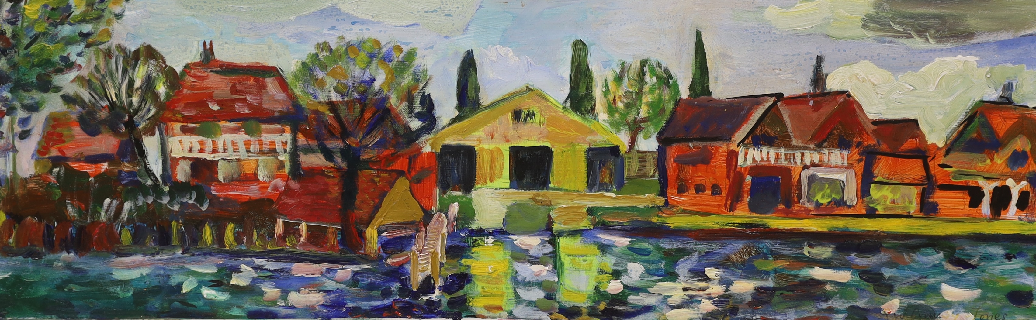 Richard William Conway Jones (Contemporary), oil on canvas, 'Hobbs old boathouse on the Thames, inscribed and stamped verso, 30 x 96cm